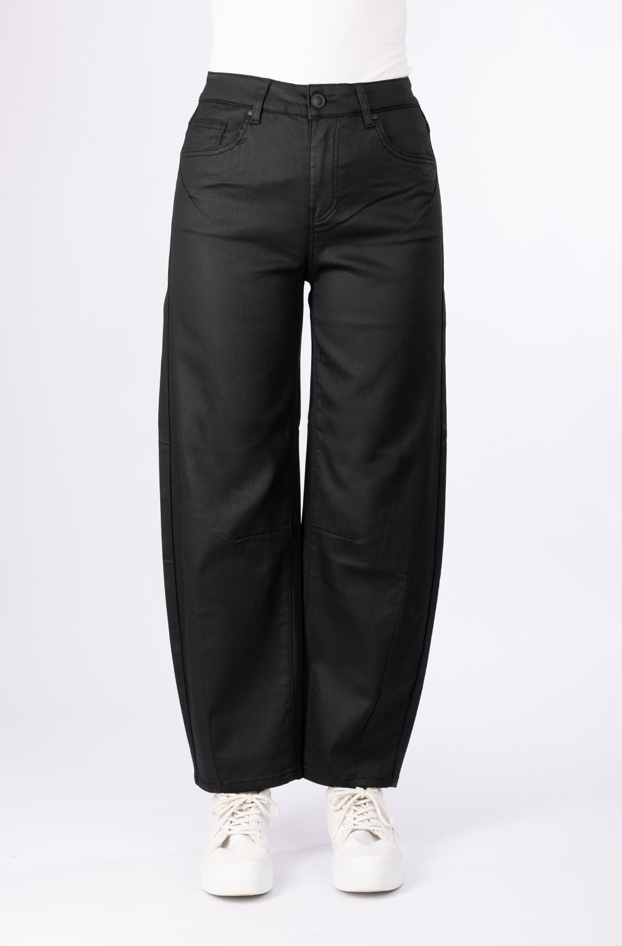57Ilvy, Barrel-Fit, Non-Denim-Hose, Soft beschichtet, 5-Pocket-Style, O-Shape