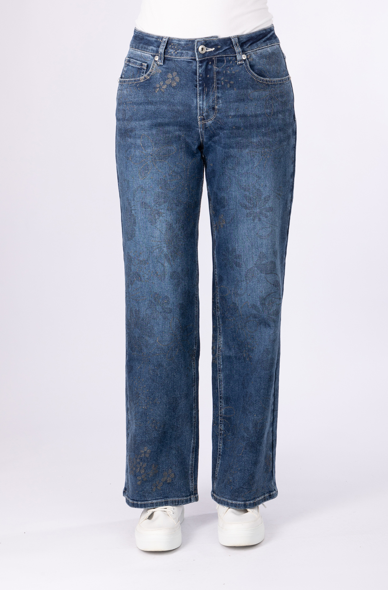 57Zoe, Wide-Leg-Jeans, glänzender Blumenprint