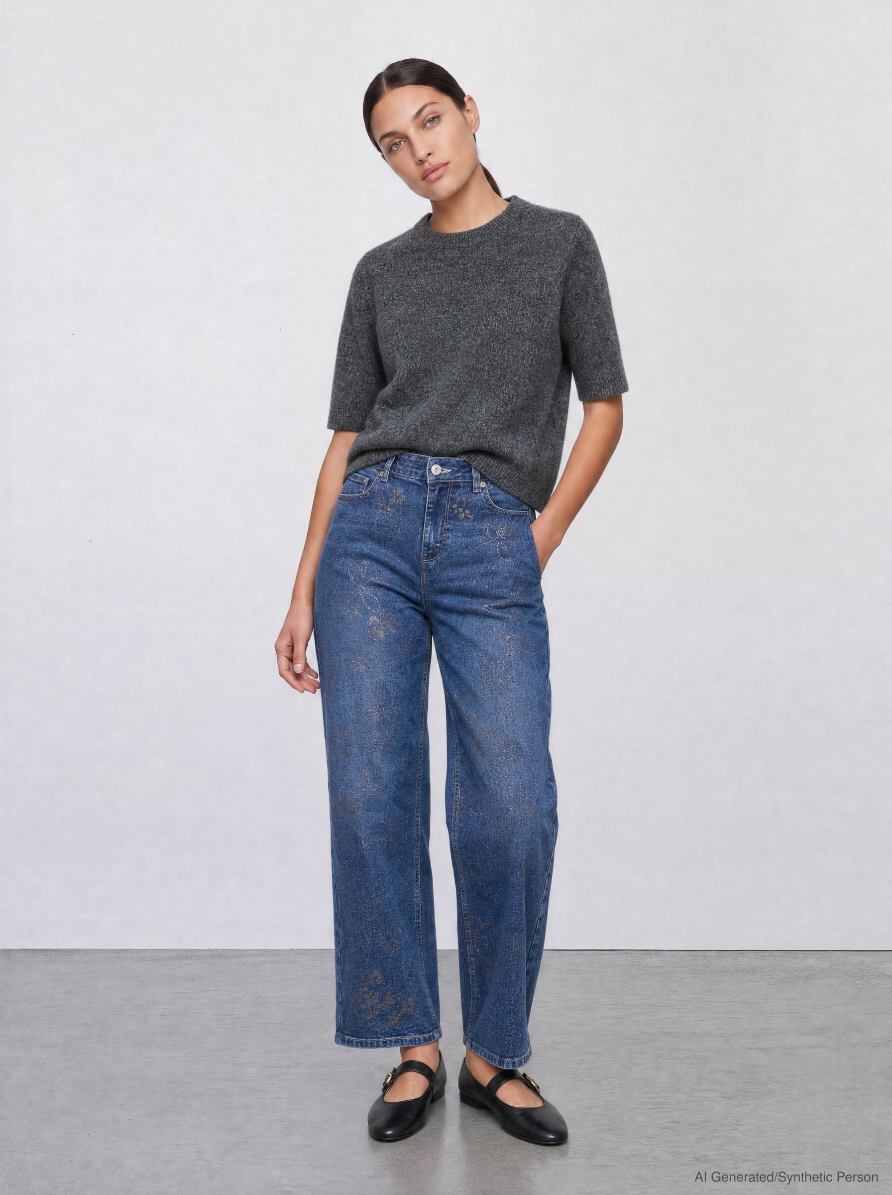 57Zoe, Wide-Leg-Jeans, glänzender Blumenprint