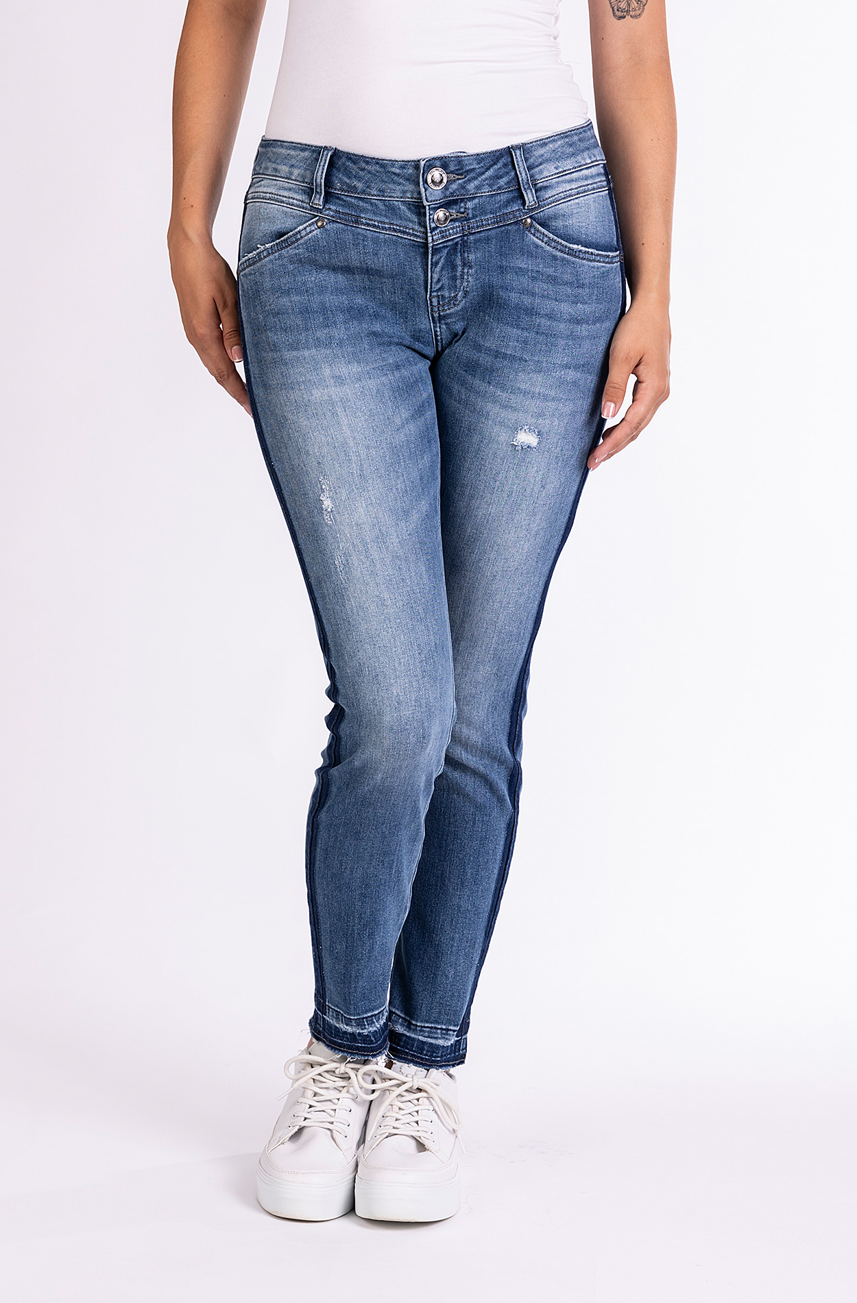 Blue Monkey, Skinny-Fit-Jeans, 57Sandy 30987X, Side Stripe, Open Hem, CROPPED