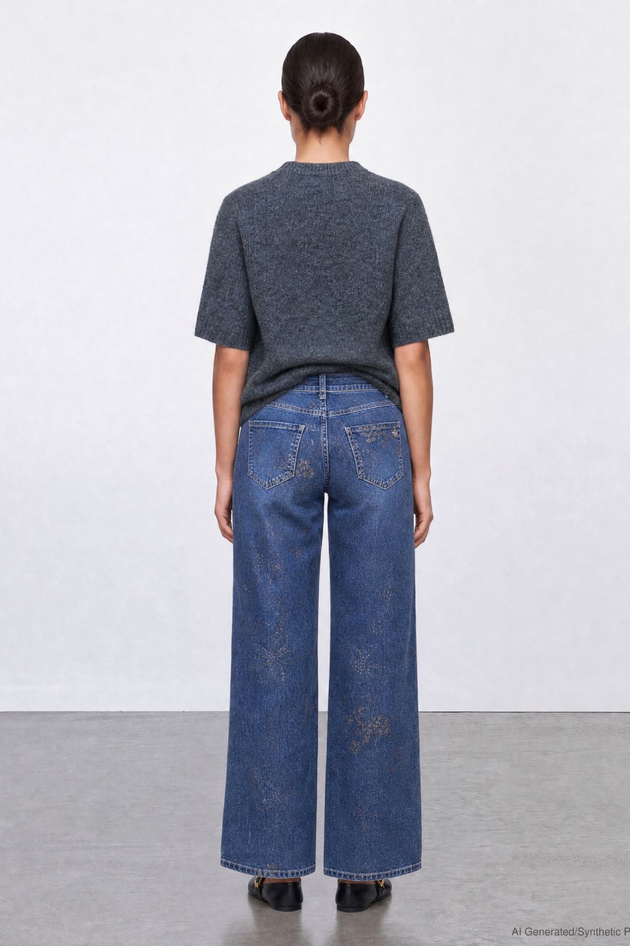 57Zoe, Wide-Leg-Jeans, glänzender Blumenprint