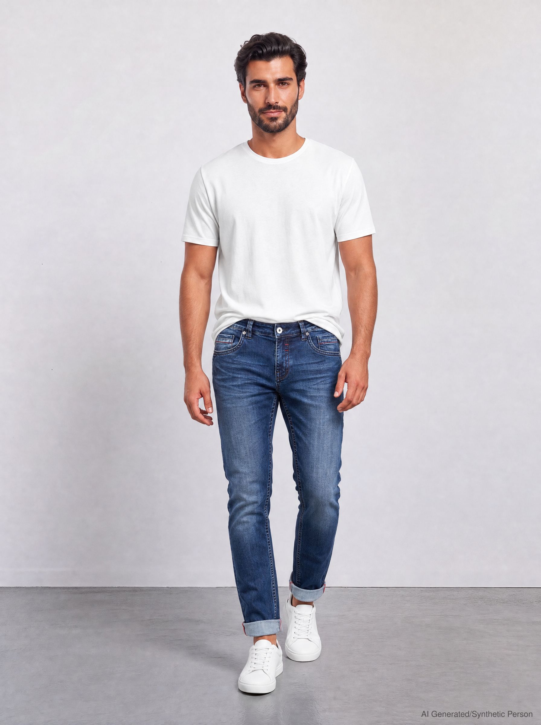 57Freddy, Slim-Fit-Jeans, 5-Pocket-Style, Dynamische Sitzfalten-Optik, Dicke Kontrastnähte